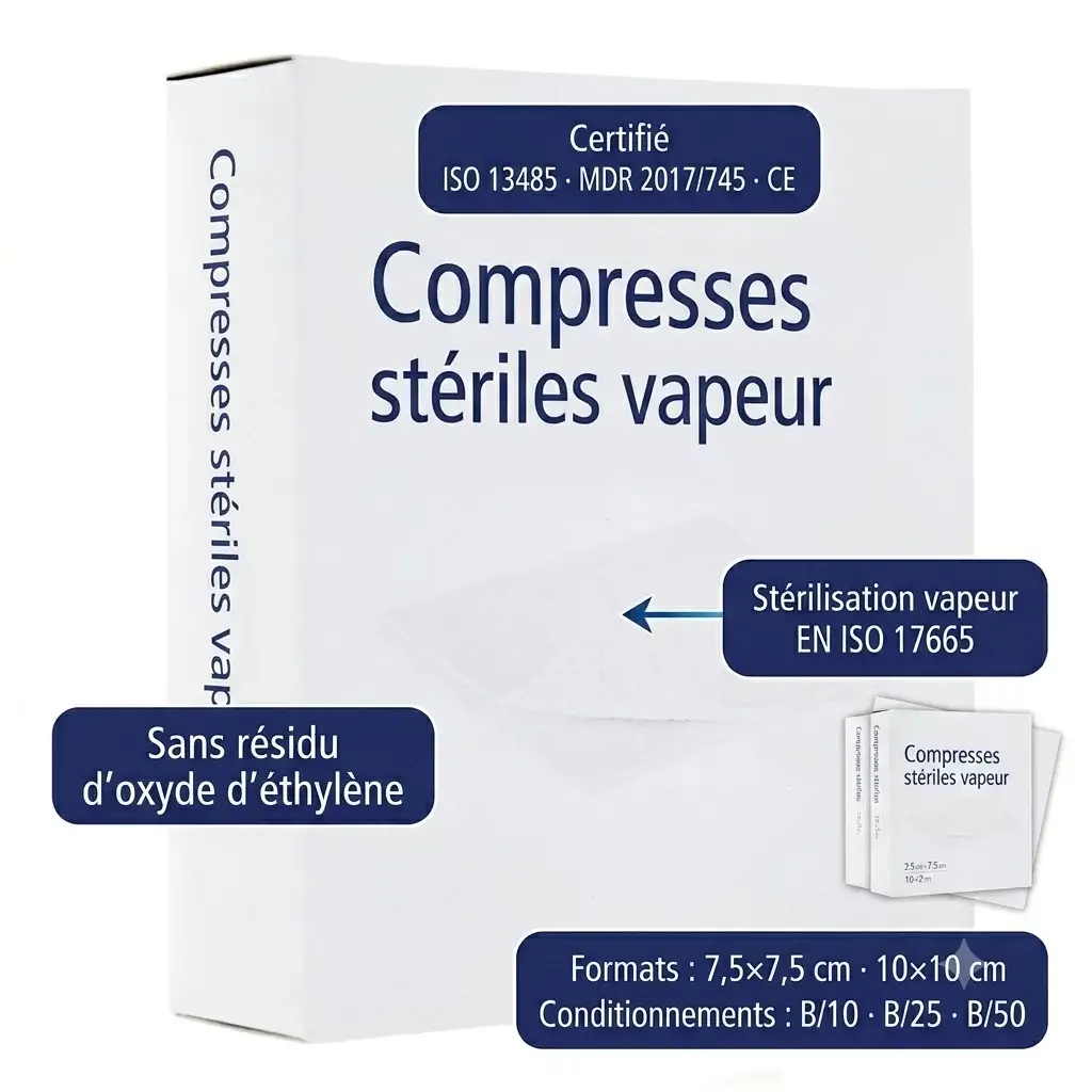 Compresses stériles stérilisées vapeur en marque blanche
